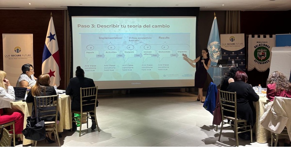 Keri Zolman, Associate Director, Our Secure Future, presenting a session on Monitoring and Evaluation with participants from Bolivia, Costa Rica, Ecuador, and Panama