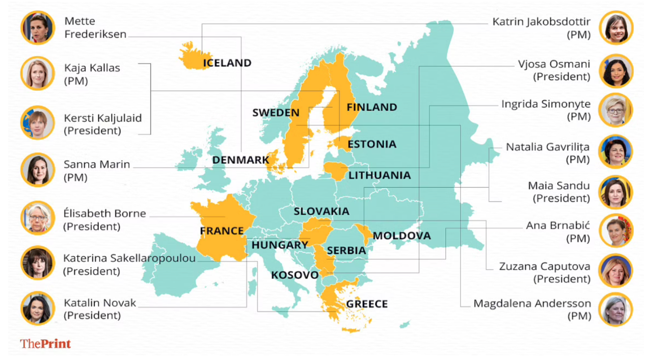 Map of European countries led by women