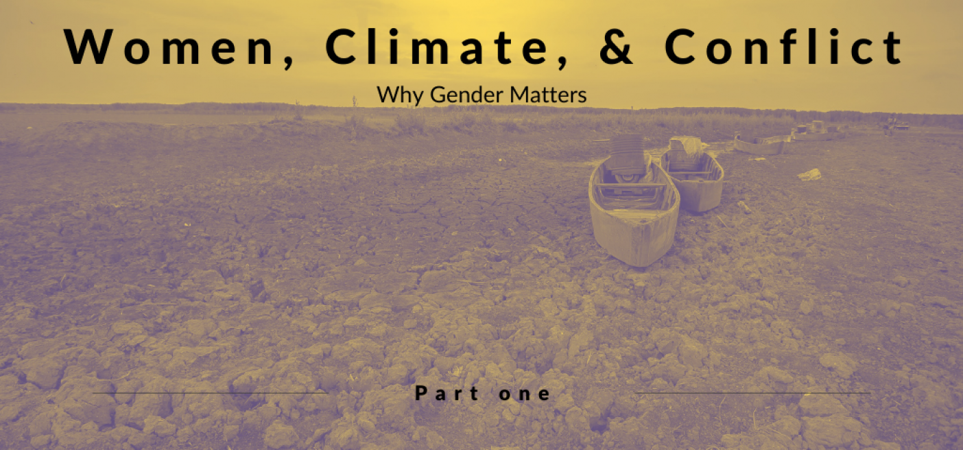 Image of a dried up river overlaid by text saying "Women, Climate, & Conflict Part One"