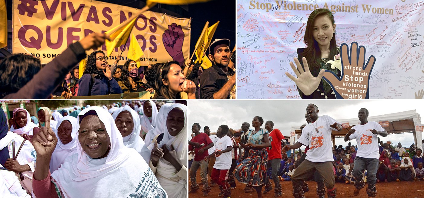 photo collage of demonstrations around the world to stop violence against women