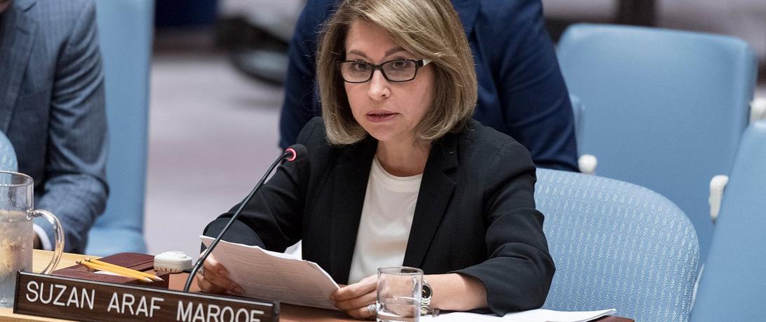 Suzan Araf Maroof, Director & Founder of Women Empowerment Organization, and Coordinator of the Iraq cross-sector task force on Security Council resolution 1325, addresses the Security Council meeting. August 2018, UN Photo/Rick Bajornas