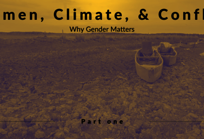 Image of a dried up river overlaid by text saying "Women, Climate, & Conflict Part One"